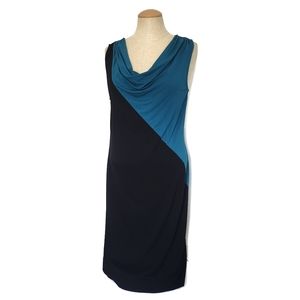 Mercer & Madison Two Tone Draped Cowl Neck Black and Blue Dress Large